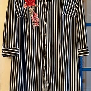 Mlle Gabrielle Black and White Striped Dress with Red Floral Accents